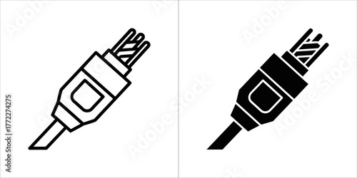Two icon style illustrations of an ethernet connector, one in outline and one in solid black