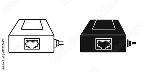 Two icons of a network device with an ethernet port, one outline and one solid black