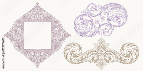 Vintage Baroque Victorian frame border flower pattern vector floral engraved scroll ornament leaf retro decorative design. filigree calligraphic heraldic shield swirl