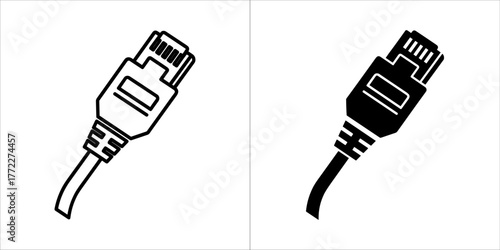 Two icons of an ethernet network cable connector, one outlined and one solid black