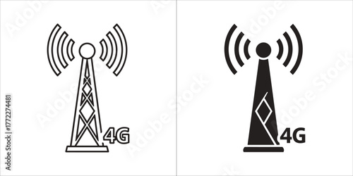 Two icons of a 4g cellular tower, one outlined and one solid black