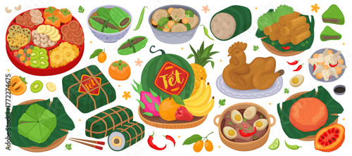 Collection of Vietnamese traditional holiday dishes for Lunar New Year (Tet). Festive food, sweets, treats. Tray of fruit, a box of sweets, a sticky rice cake wrapped in a banana leaf, chicken.