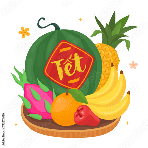 Fruit tray for Lunar New Year. Watermelon with red sticker saying Tet (Vietnamese New Year), bananas, pineapple, dragonfruit, orange, rose apple. Traditional offering at the altar, a festive treat.