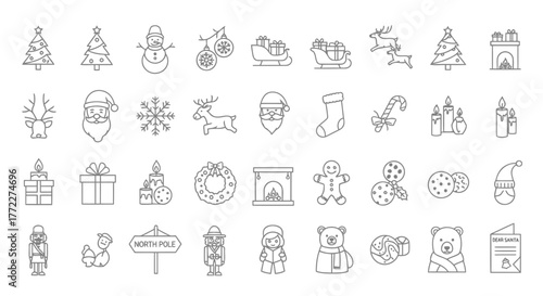 Hand-Drawn Christmas Icon Set – Tree, Santa, Gifts, Wreath, Reindeer, Snowman, Holiday Doodles