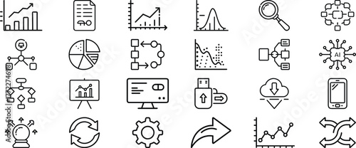 Set of line icons representing data analysis, charts, graphs, and technology