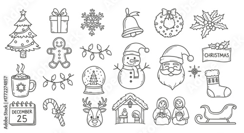 Hand-Drawn Christmas Icon Set – Tree, Santa, Gifts, Wreath, Reindeer, Snowman, Holiday Doodles