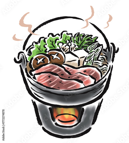 一人用のいろり鍋で食べるすき焼き　筆タッチ手描きイラスト