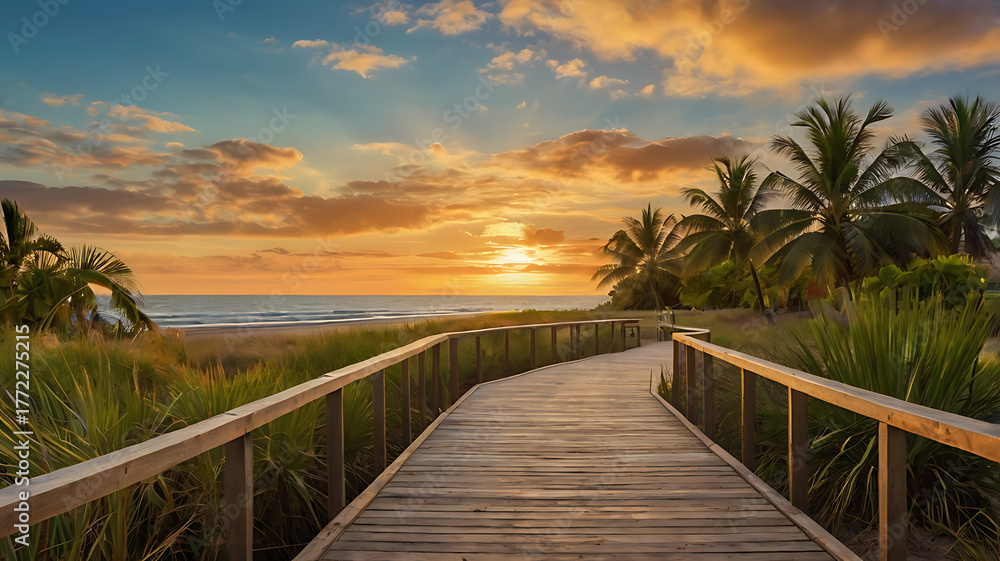 Fototapeta premium Sea side wood road sunset clean sky