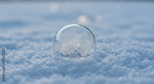 Close-up of a frozen soap bubble resting on a bed of fresh, crystallized snow