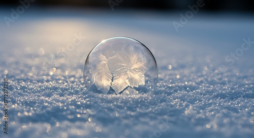 Close-up of a frozen soap bubble resting on a snowy surface, with ice crystals inside