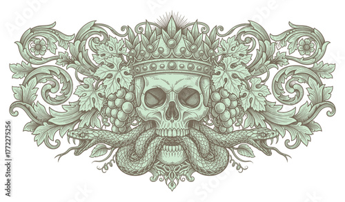 Vintage ornate skull wearing crown with snakes and floral baroque vines, gothic engraving illustration in detailed etching style.