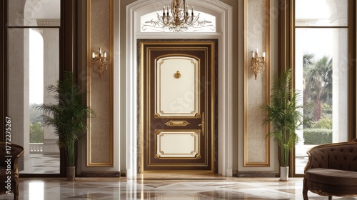 Luxurious entryway with ornate door, grand mansion, tropical views, inviting ambiance