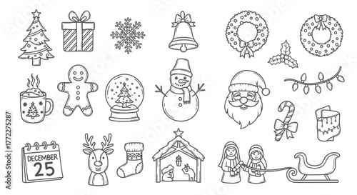 Hand-Drawn Christmas Icon Set – Tree, Santa, Gifts, Wreath, Reindeer, Snowman, Holiday Doodles