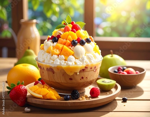 Close-up of a fruit-filled shaved ice dessert on a wooden table, outside