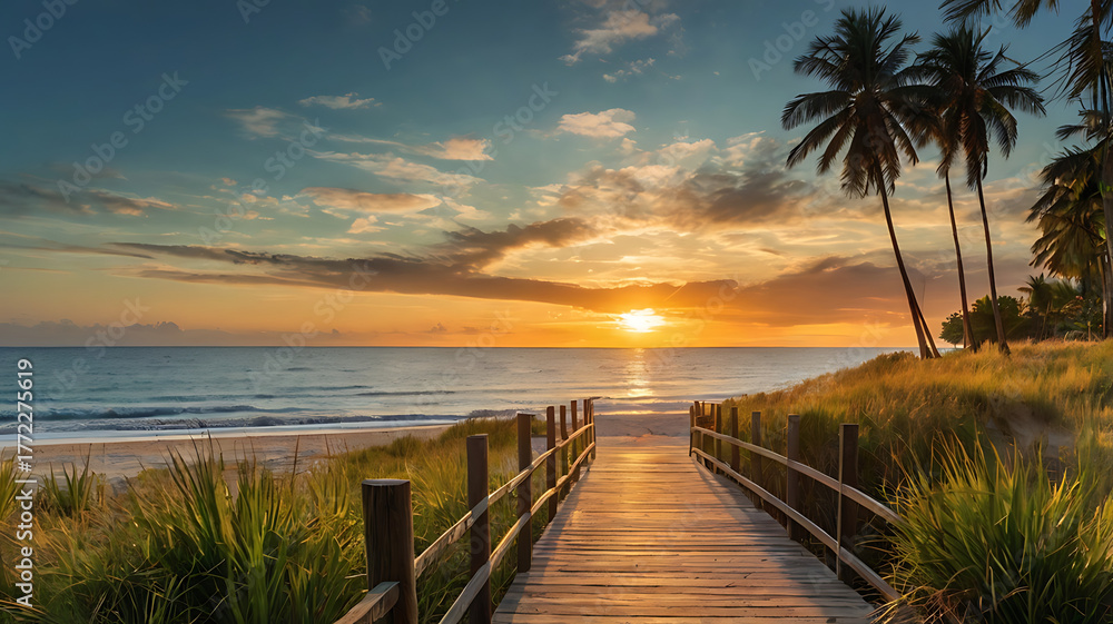 Fototapeta premium Sea side wood road sunset clean sky