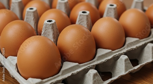 Close-up of a full carton of fresh, brown eggs, with a focus on their smooth and rounded shells