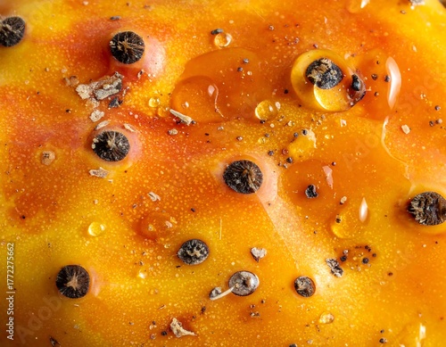 Close-up of a fruit's colorful peel, texture revealed with water droplets