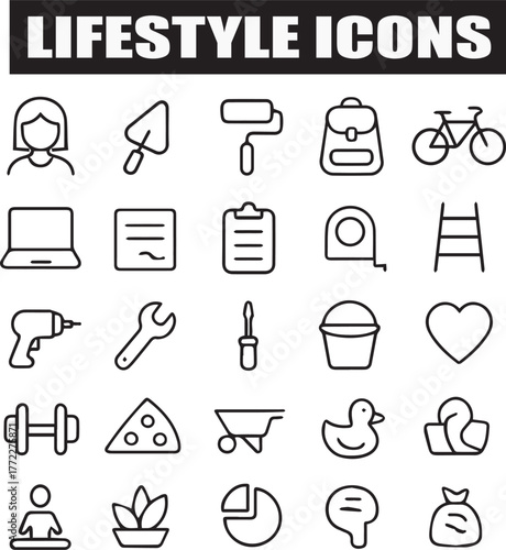 Modern Lifestyle Vector Icons – Editable Stroke Set for Health, Relaxation, and Leisure Concepts.