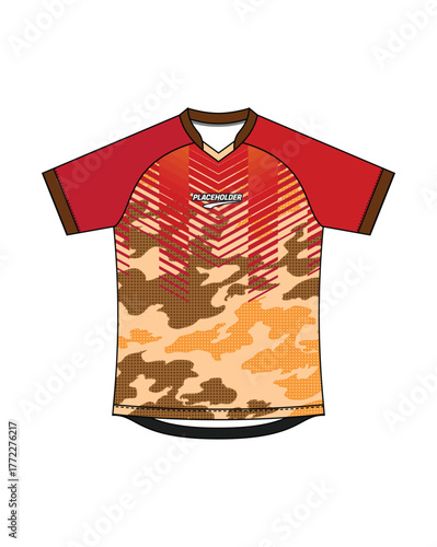 red brown camoflage stripe Raglan Short Sleeve Double V-Neck