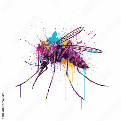Colorful Watercolor Mosquito Paint Splatter Art Vibrant Insect Illustration Isolated