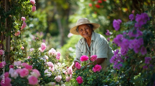 an elderly latin woman tending to her flower garden