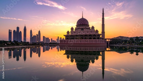 Majestic Mosque Reflection at Sunrise with Modern City Skyline