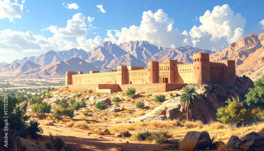 Fototapeta premium Ancient Desert Fortress Oasis with Majestic Mountains under a Blue Sky