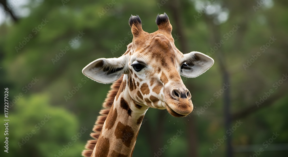 Naklejka premium Close-up of a giraffe's head and neck against a blurred green background