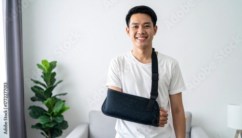 Happy Asian Man with Arm in Sling Recovery at Home