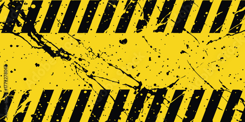Grungy industrial background with yellow and black warning stripes and splatter texture.