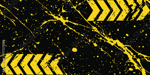 Industrial warning background with yellow chevron stripes and abstract paint splatter.