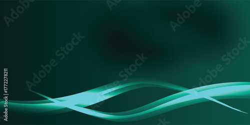 Abstract dark teal background with flowing luminous cyan light waves at the bottom.