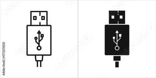 Two usb connector icons, one outlined and one filled, representing technology and connectivity