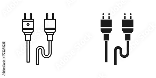 Two icons of audio cables with plugs, one in outline and one in solid black