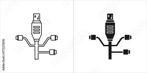 Two icons of a usb hub, one in outline and one in solid black