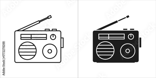 Two radio icons, one outlined and one solid black, showing a portable broadcast receiver with antenna