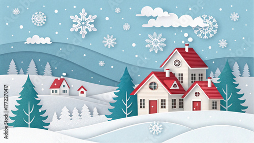 Charming winter village scene with snow falling on houses and trees