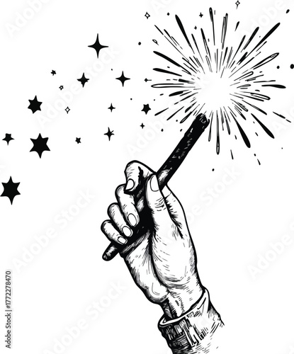 Print Hand holding magic wand casting sparkles and stars isolated on white background for fantasy vector design
