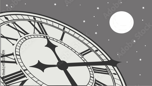Vintage Clock Face with Roman Numerals Under a Full Moon and Starry Night Sky - Time Concept Illustration