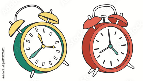 Two Colorful Cartoon Alarm Clocks Vector Illustration. Red and Green Retro Twin Bell Timepieces on White Background, Representing Morning, Schedule...