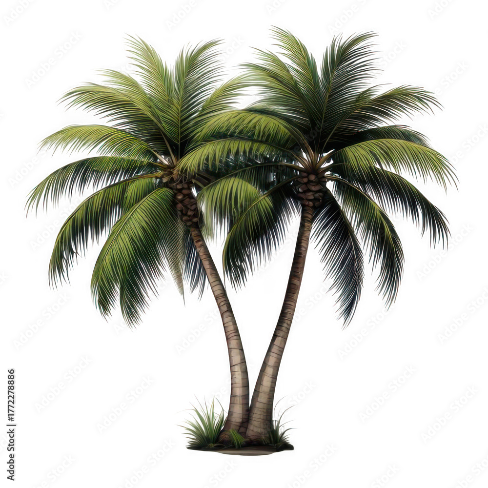 Obraz premium pair of palm trees isolated on a white background.