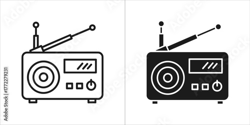 Portable radio with antenna icon in black and white