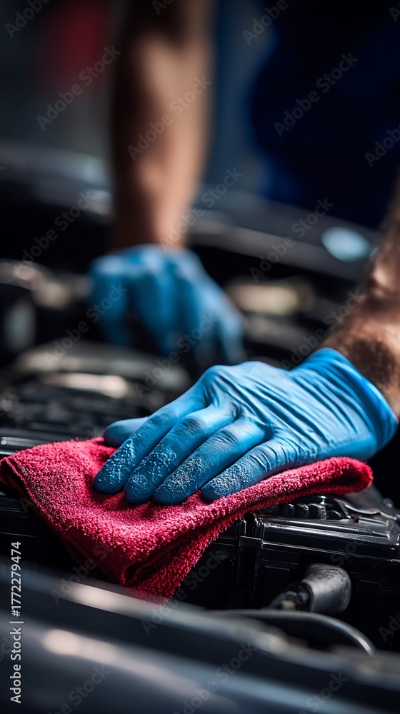 Obraz premium Mechanic cleaning car engine with blue gloves and red cloth