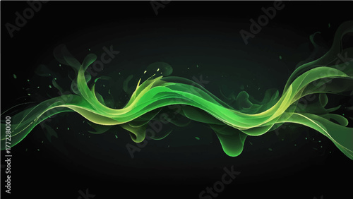 Abstract green smoke wave design with a flowing light curve pattern on a black backdrop