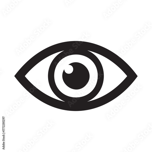 Stylized black eye icon on a, representing vision, sight, and observation