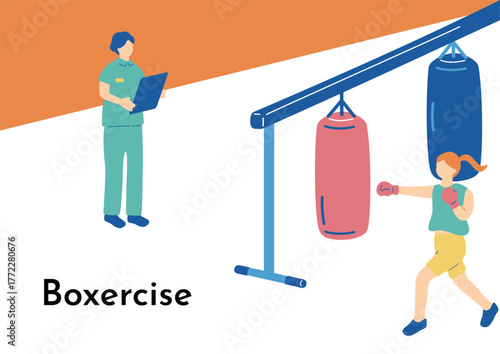 ボクササイズをする女性とインストラクター