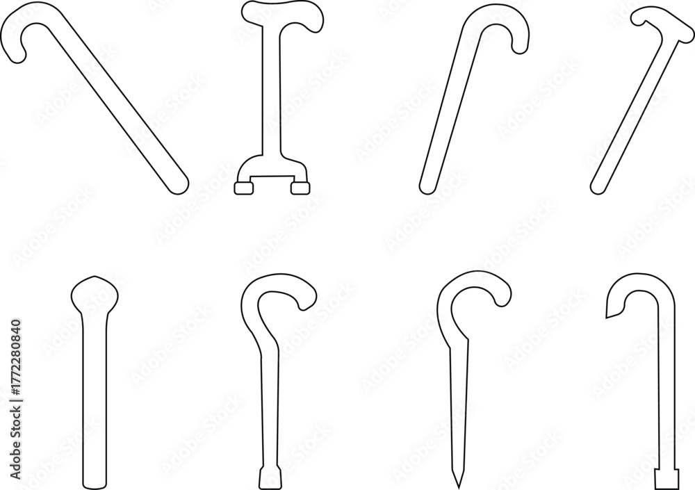 Naklejka premium Diverse cane icon set, walking sticks, medical support aids, elderly assistance tools, inclusive mobility equipment, and accessibility symbols for healthcare and rehabilitation design, ergonomic grip,