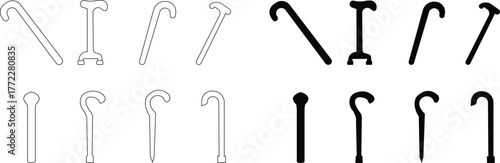 Diverse cane icon set, walking sticks, medical support aids, elderly assistance tools, inclusive mobility equipment, and accessibility symbols for healthcare and rehabilitation design, ergonomic grip,