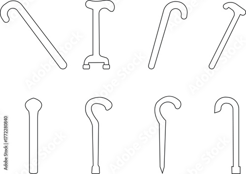 Diverse cane icon set, walking sticks, medical support aids, elderly assistance tools, inclusive mobility equipment, and accessibility symbols for healthcare and rehabilitation design, ergonomic grip,