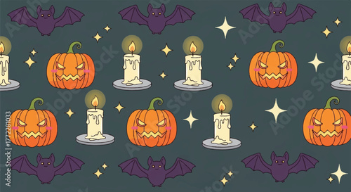 Halloween pattern with pumpkins, bats, and candles in a spooky theme.